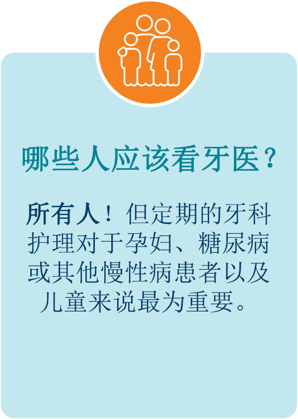 谁应该看牙医?所有人!但定期的牙科护理对于孕妇、糖尿病或其他慢性病患者以及儿童来说最为重要。
